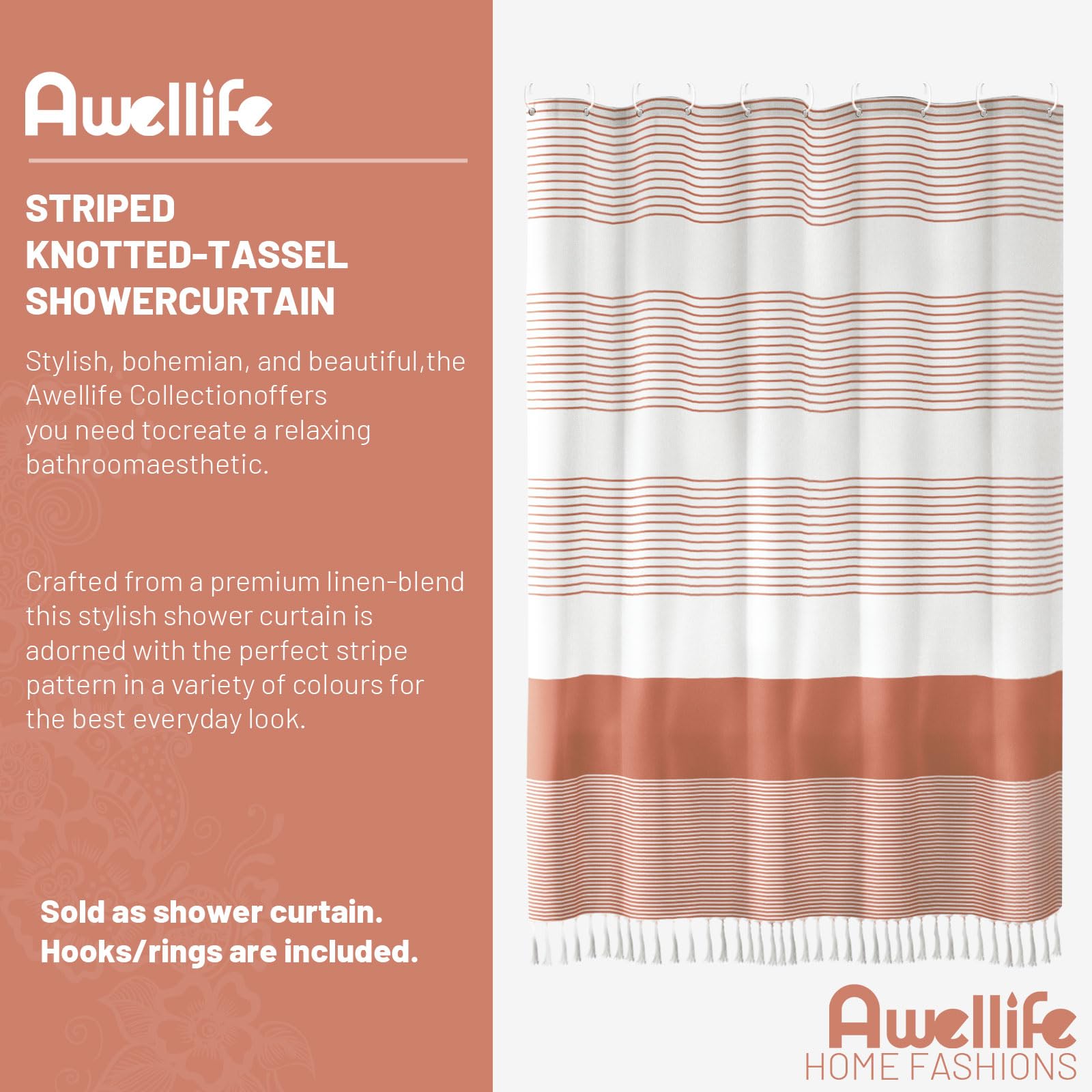 Awellife Boho Coral Shower Curtain For Bathroom Stripe Tassel Shower Curtain 72 X 72 Inches Farmhouse Linen